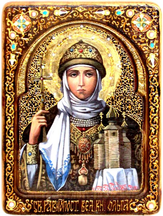 Инкрустированная Живописная икона Святая Равноапостольная княгиня Ольга (21*29 см, Россия) на натуральном кипарисе в подарочной коробке