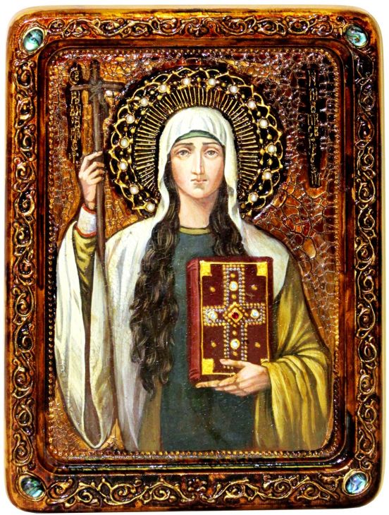 Инкрустированная Живописная икона Святая Равноапостольная Нина, просветительница Грузии (21*29 см, Россия) на натуральном кипарисе в подарочной коробке