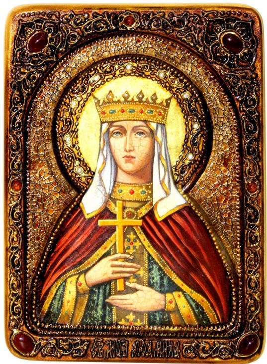 Инкрустированная Живописная икона Святая Мученица Людмила Чешская (21*29 см, Россия) на натуральном кипарисе в подарочной коробке