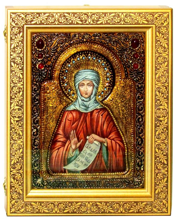 Инкрустированная Живописная икона Преподобная Фотиния (Светлана) Палестинская (21*29 см, Россия) на натуральном кипарисе в подарочной коробке