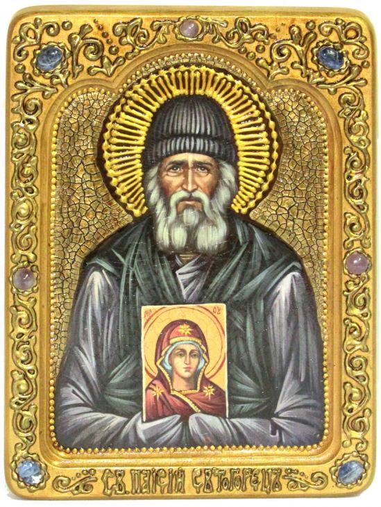 Инкрустированная Живописная икона Паисий Святогорец (21*29 см, Россия) на сакральном кипарисе в подарочной коробке