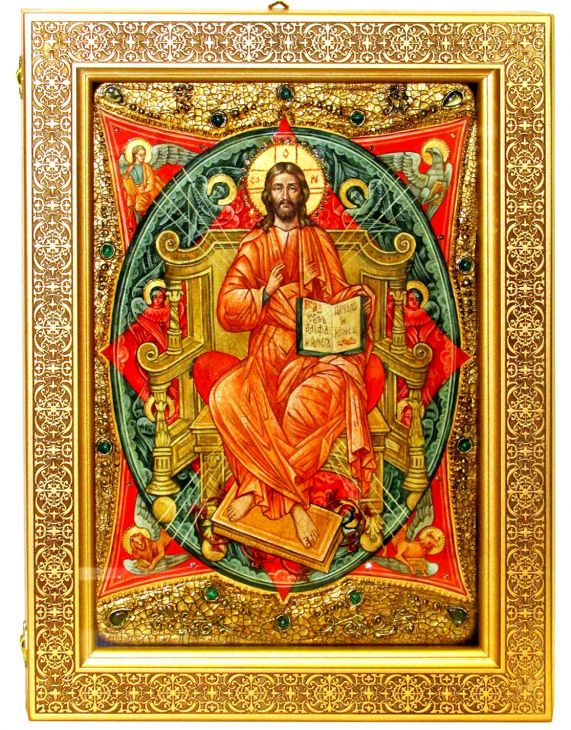 Инкрустированная Живописная икона Спас в Силах (29*42 см, Россия) на сакральном кипарисе в подарочной коробке