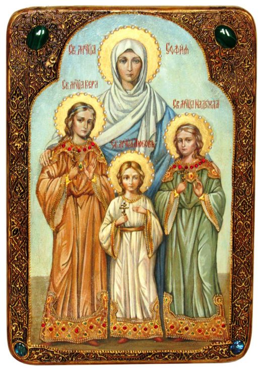 Инкрустированная Живописная икона Вера, Надежда, Любовь и мать их София (29*42 см, Россия) на натуральном кипарисе в подарочной коробке