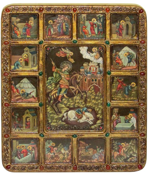 Живописная икона "Чудо вмч. Димитрия Солунского о царе Калояне с житийными сценами" на кипарисовой доске (54*44 см)