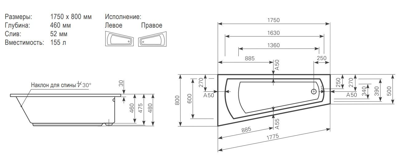 Ванна Mauersberger 1417500101 Ascea 175x80 схема 1