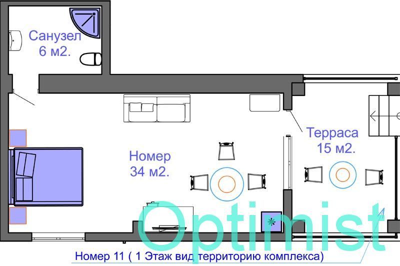 Апартамент на троих - четырех человек. с большой террасой.