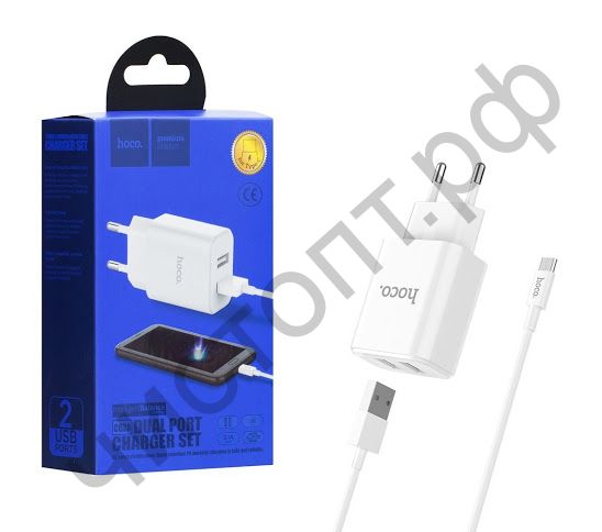 СЗУ HOCO C62A, Victoria, 2100mA, пластик, с 2 USB выходами кабель Type-C, цвет: белый