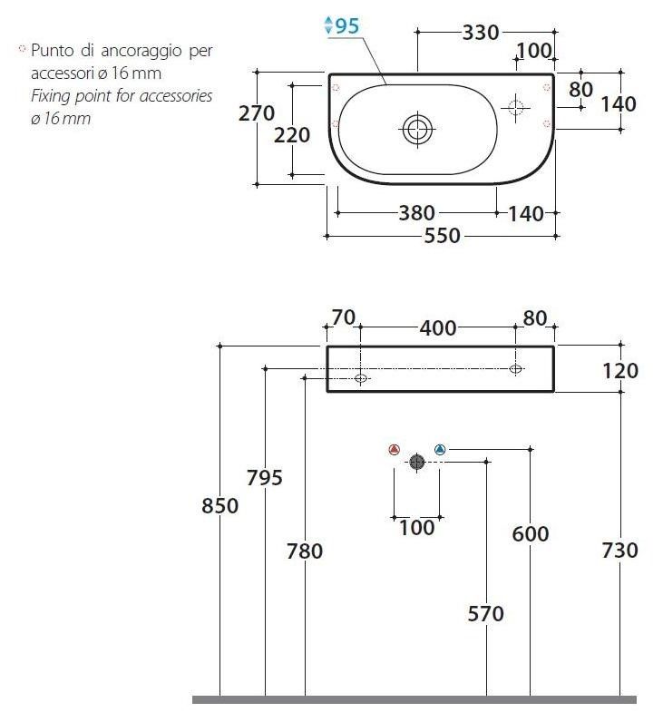 Подвесная раковина Globo Forty3 SCT55 55 х 27 схема 2