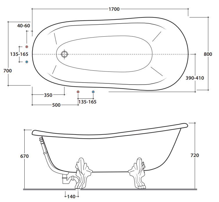 Ванна из искусственного камня Globo Bathtubs PA100 170x80 схема 1