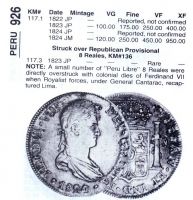 8 реалов 1823 года Редкий!!! Перу Испания