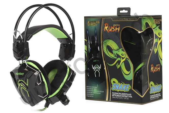 Гарнитура (науш.+микр.) Smartbuy RUSH SNAKE, динамики 40мм, велюровые амбушюры, черн/зеленая (SBHG-1200)