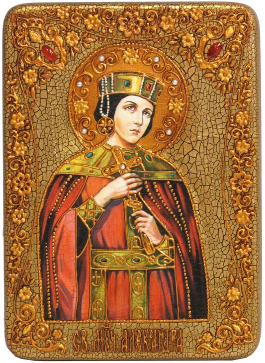 Инкрустированная подарочная икона Святая мученица Александра Римская (21*29 см, Россия) на натуральном мореном дубе в подарочной коробке