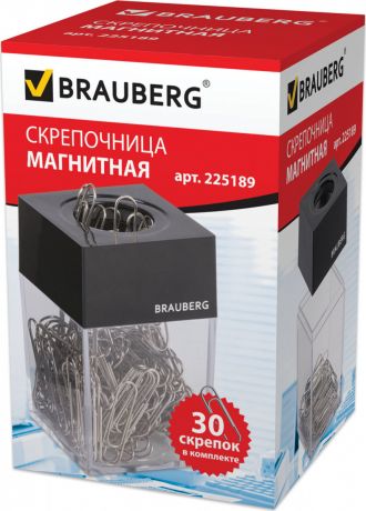 Скрепочница магнитная с 30 скрепками, прозрачный корпус, черная крышка