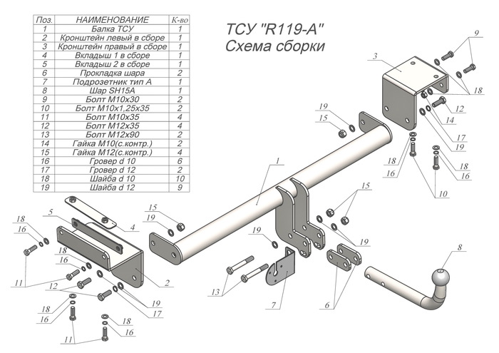 Фаркоп для Renault Koleos 2008-2016 с условно-съемным креплением шара (на 2 болтах)