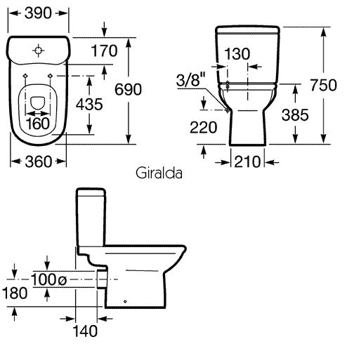 Напольный унитаз компакт Roca Giralda 7.3424.6.600.0/7.3414.6.900.0 схема 2