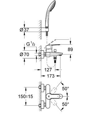 Смеситель для ванны Grohe Eurostyle Cosmopolitan 3359220A с душевым гарнитуром схема 1