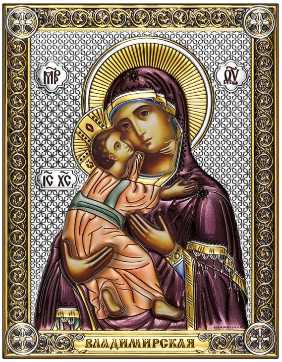 Серебряная Владимирская икона Божией Матери (Италия, 14х18 см) Серебряная Владимирская икона Божией Матери (Италия, 14х18 см)