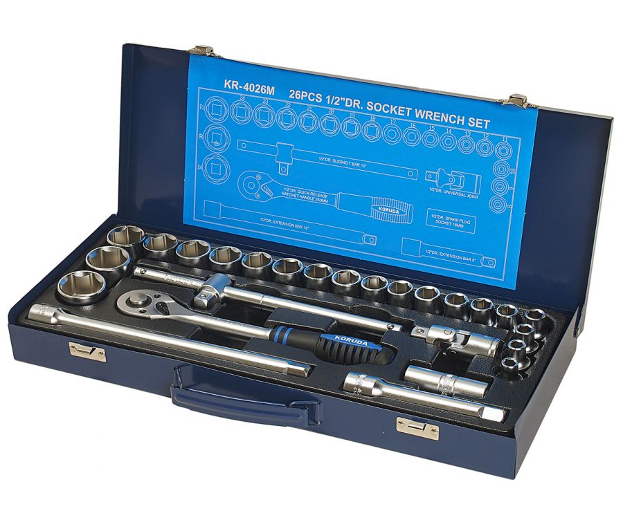 НАБОР ГОЛОВОК ТОРЦЕВЫХ 1/2" 6-ТИ ГРАННЫХ В МЕТАЛЛИЧЕСКОМ КЕЙСЕ 26 ПРЕДМЕТОВ KORUDA