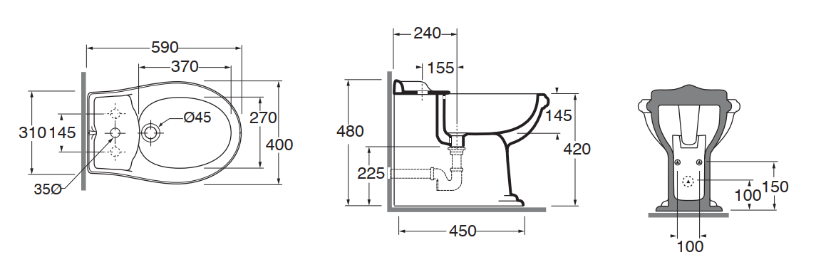 Биде Azzurra Jubilaeum фарфоровое JUBIT000000T/(JUB510/T bi*3) 59 х 40 схема 1