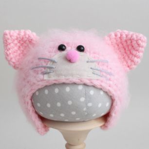 Вязаная шапочка Котик с мордочкой пушистый Розовый