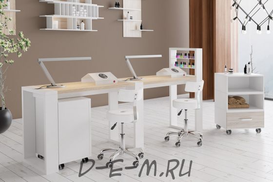 Двухместный маникюрный стол Matrix с подставкой для лаков и тумбой