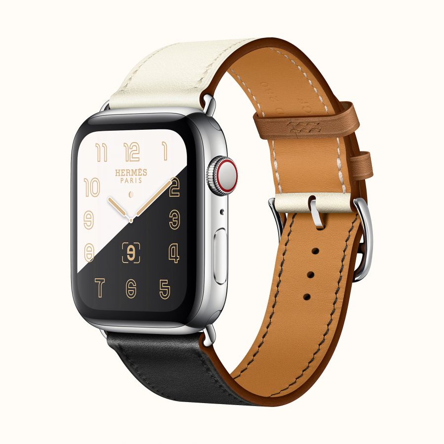 Часы Apple Watch Hermès Series 6 GPS + Cellular 44mm Stainless Steel Case (Silver) with Black/White/Gold Swift Calfskin Single Tour