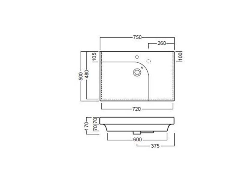 Накладная раковина Hatria Grandangolo 75 75х50 схема 2