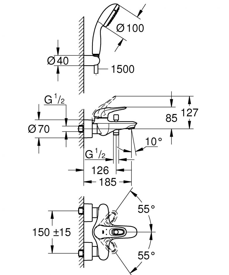 Смеситель для ванны с душевым гарнитуром Grohe Eurostyle 3359230A ФОТО