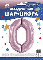 Шар (34''/86 см) Цифра, 0, Slim, Светло-розовый, 1 шт. в упак.