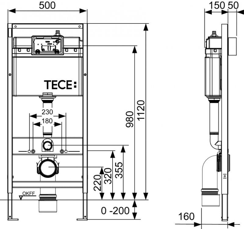 Инсталляция (монтажная рама) для подвесного унитаза Tece TeceBase K440407 с кнопкой смыва схема 3