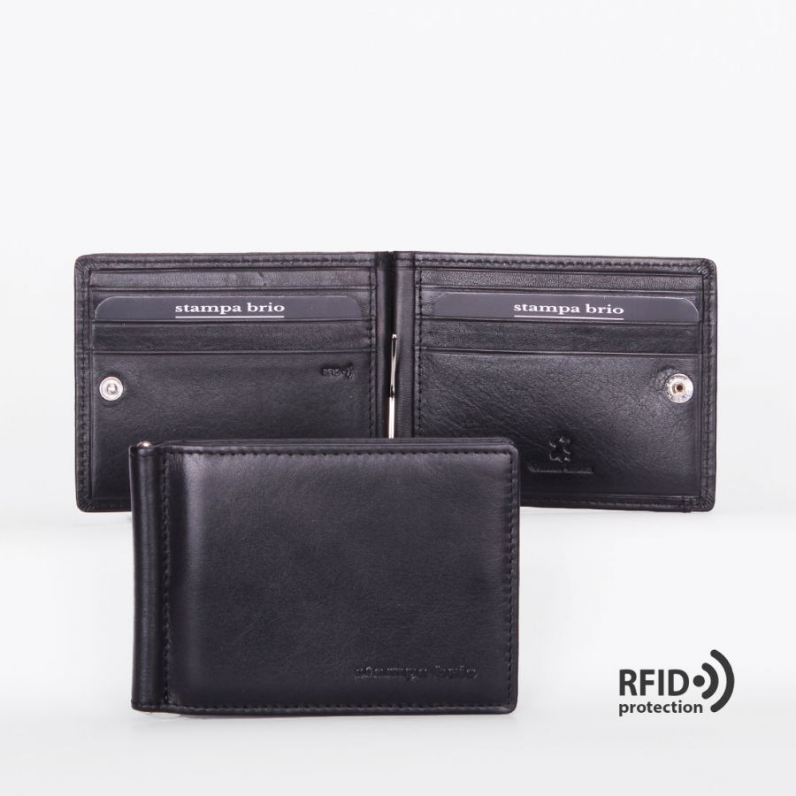 Зажим для купюр с монетником на кнопке с RFID защитой Stampa Brio 701-R-3269C Black BKS