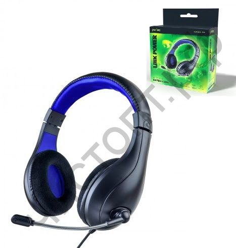 Гарнитура (науш.+микр.) Perfeo LINK POWER игровая черная с синим 2,0 м, разъем 2 x 3,5 мм (3 pin) + переходник