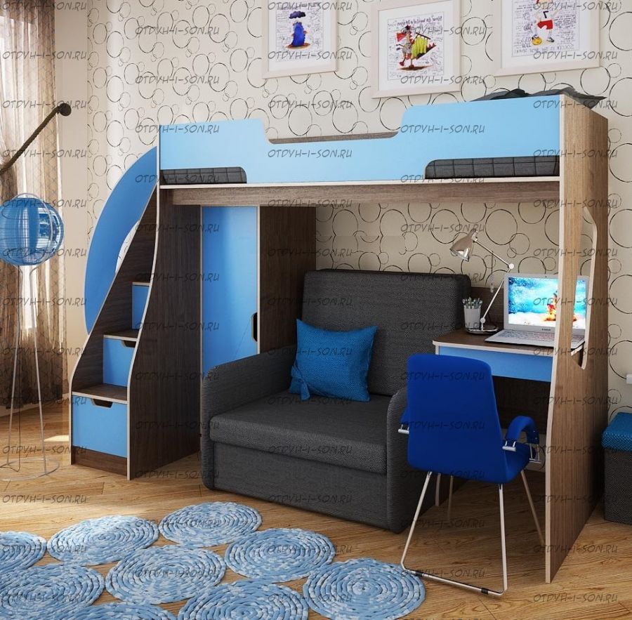 Кровать-чердак с диваном и с рабочей зоной Фанки Кидз 23 (арт.23/1 + 23/2 + 23/5 + бланес-3)