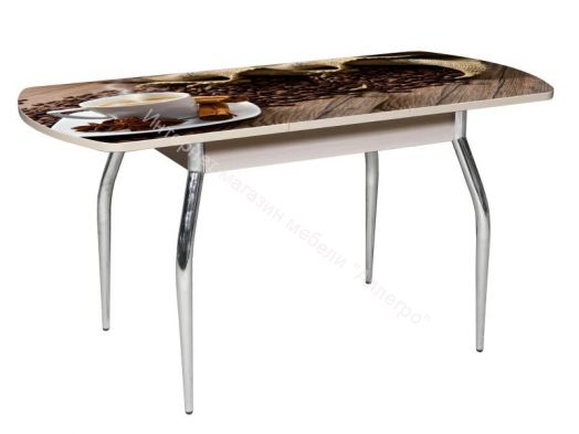 Стол раздвижной со стеклом "Грация" (1,45) Беленый дуб/Фотопечать Кофе R 012