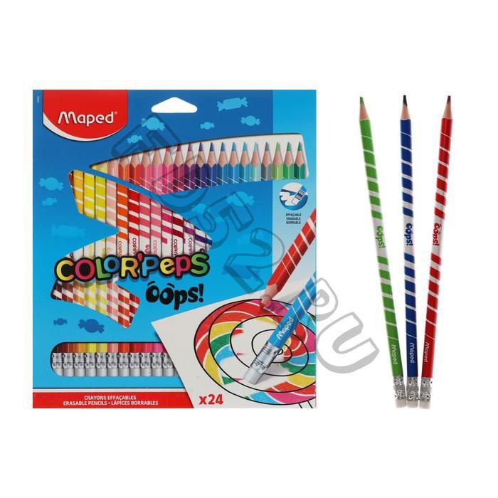 Карандаши 24 цвета, Maped Color Peps Oops, пластиковые, с ластиком, европодвес