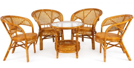 Комплект "PELANGI" 02/15 (стол со стеклом + 4 кресла) без подушек, ротанг, Honey (мед)