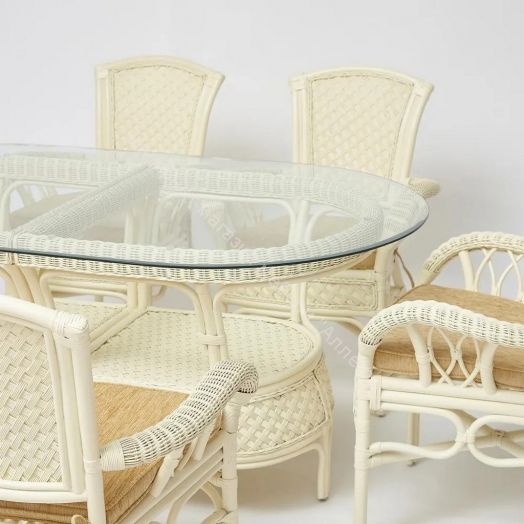 Комплект обеденный "ANDREA GRAND" (стол со стеклом+6 кресел+ подушки) TCH White (белый), Ткань рубчик, цвет кремовый