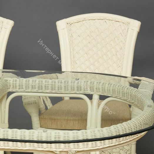 Комплект обеденный "ANDREA GRAND" (стол со стеклом+6 кресел+ подушки) TCH White (белый), Ткань рубчик, цвет кремовый