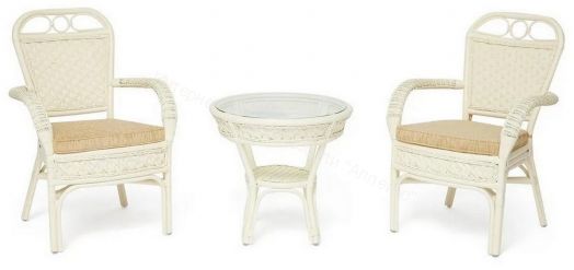Комплект террасный ANDREA (стол кофейный со стеклом + 2 кресла + подушки) ротанг, TCH White (белый)