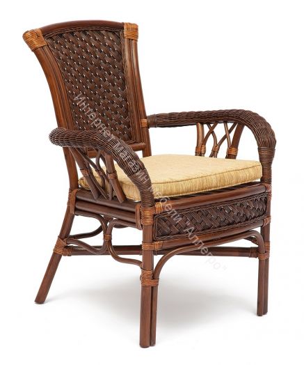 Комплект обеденный "ANDREA" ( стол со стеклом + 4 кресла + подушки) Pecan Washed (античн. орех), Ткань рубчик, цвет кремовый