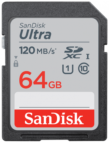 Карта памяти SanDisk Ultra SDXC Class 10 UHS-I 64 GB, чтение: 120 MB/s, запись: 10 MB/s