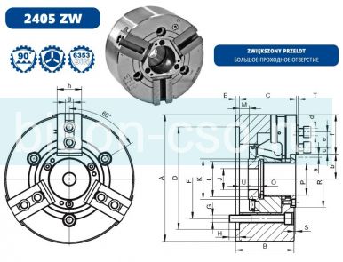 Патрон токарный БИЗОН (Польша) 2405-200-66ZW механизированный с большим отверстием. Кулачки 1/16"x90°