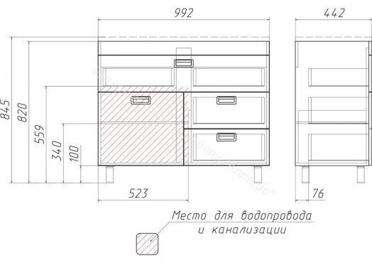 Тумба под умывальник "Elen 100" Cube с 3 верхними ящиками В3 Домино