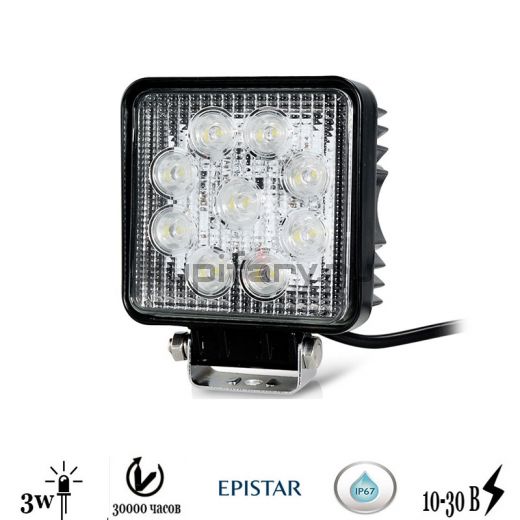 Светодиодная фара 27 ватт 9 led Epistar  квадратная 11 см flood