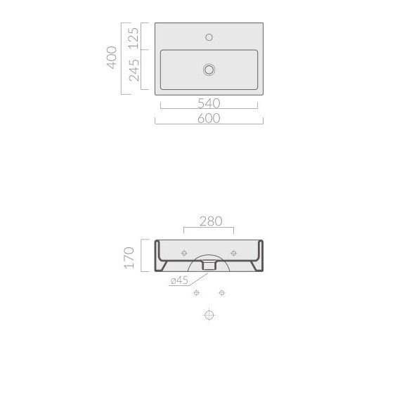 Раковина Galassia Plus Design с 1 отверстием и переливом 60x40 6032M схема 6