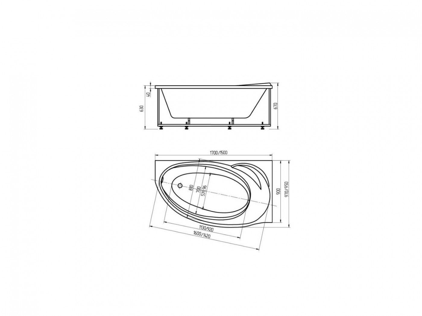 Акватек акриловая ванна Бетта 170х97 схема 3