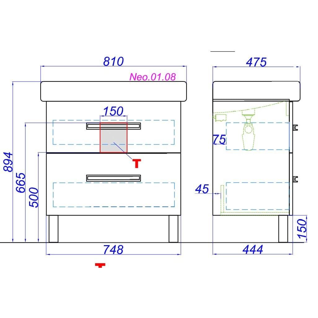 Комплект напольная тумба с раковиной Aqwella Нео 80х45 схема 2