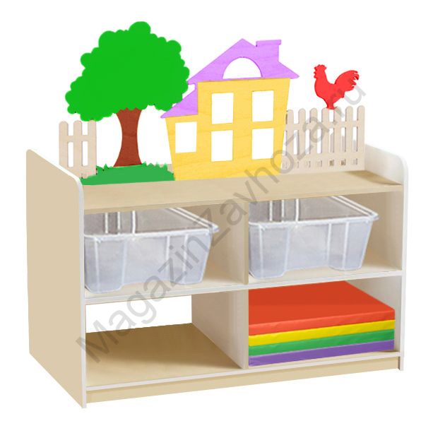 ТУМБА ДЛЯ ИГРУШЕК И ПОСОБИЙ 5 ДВУСТОРОННЯЯ НА ЦОКОЛЕ С 4-МЯ КОНТЕЙНЕРАМИ И МИНИ-МАТАМИ