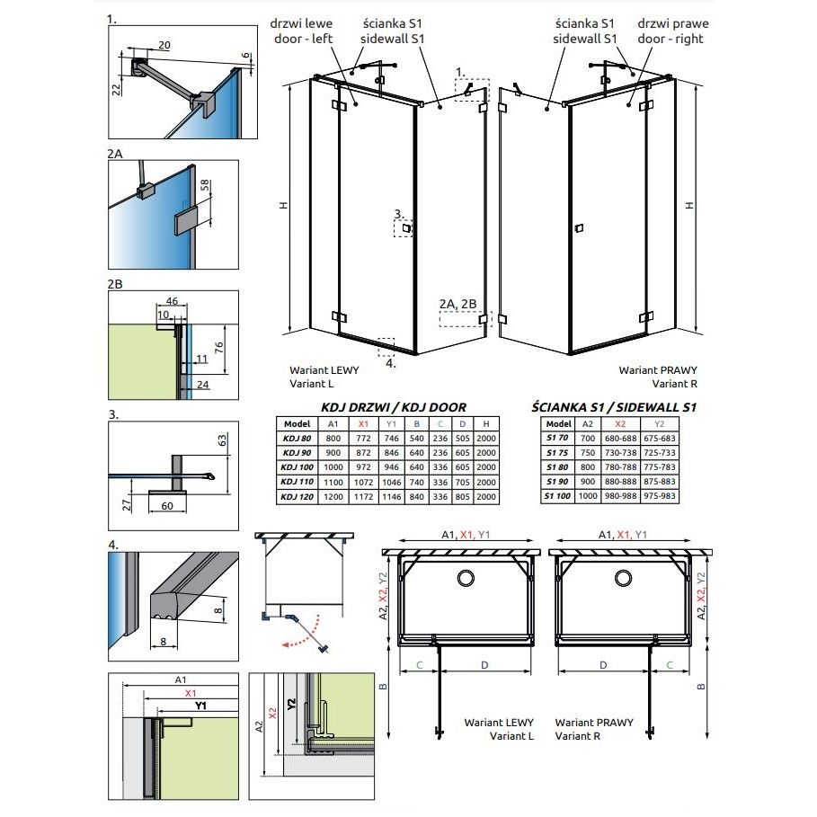 Золотое душевое ограждение Radaway Essenza Pro KDJ+S с двумя боковыми стенками ФОТО