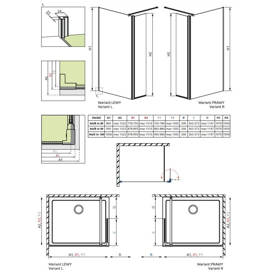 Душевая перегородка Walk-in Radaway Eos с распашной дверцей схема 2